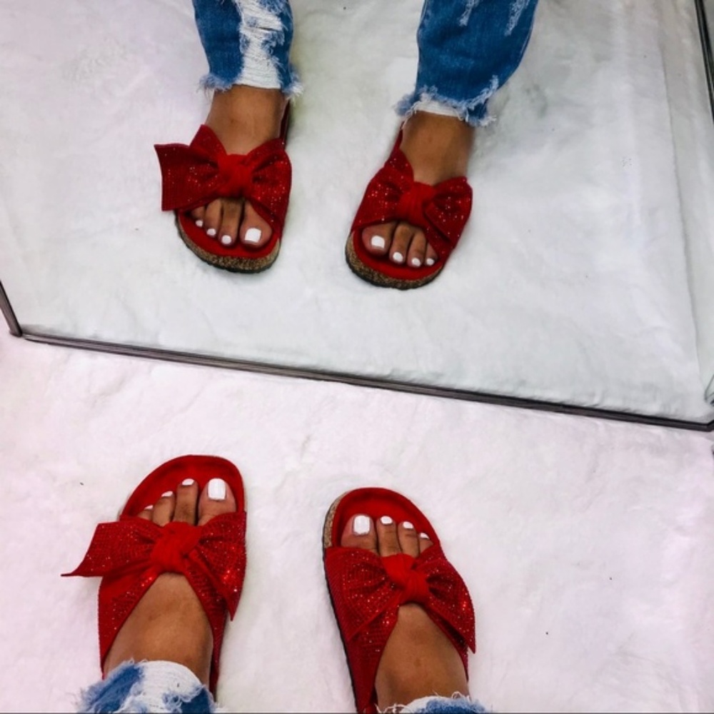 Size 6 Left!! Embellished Bow Cork Slides in Red - Picture 6 of 8
